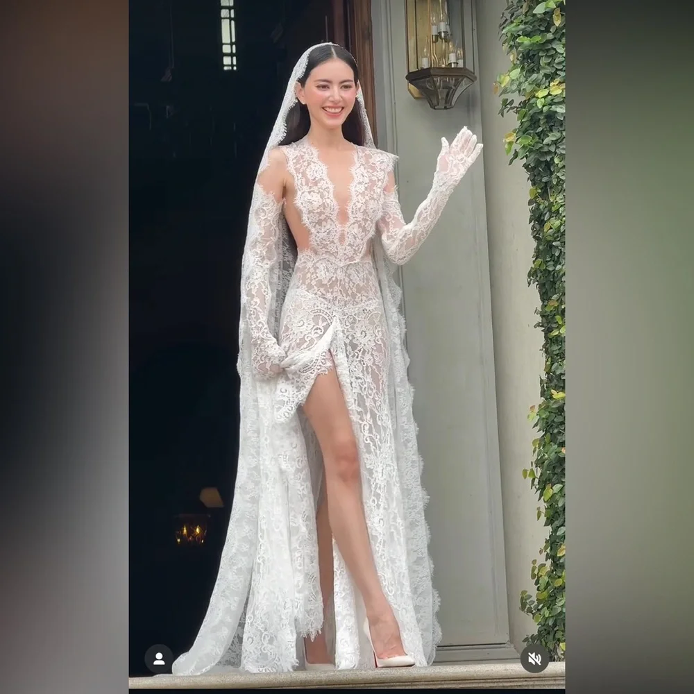 Bronx & Banco NAIA White Lace Bridal Sheer Gown L NWOT - Picture 3 of 8